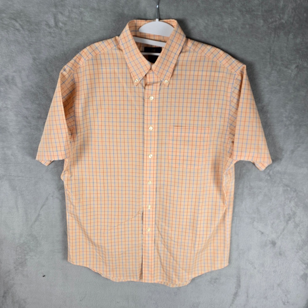 Brooks Brothers 346 Mens Orange Blue Check Non-Iron Short Sleeve Shirt Medium